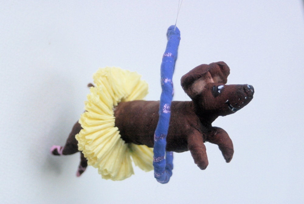 Ooak Spun Cotton Circus Dachshund Jumping Through Hoop in Tutu Ornament
