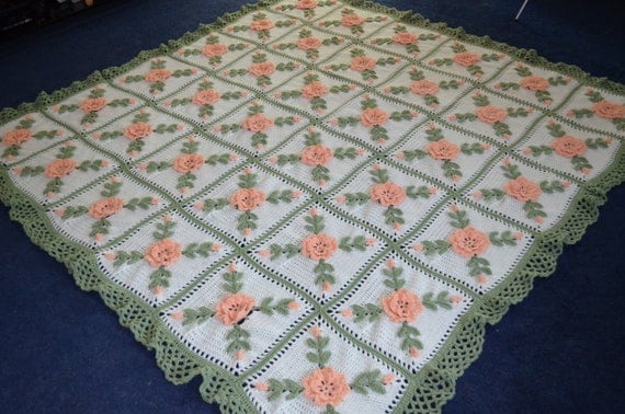 Floral Peach Roses Crocheted Afghan Blanket Throw - Made fresh after sale - 36 squares