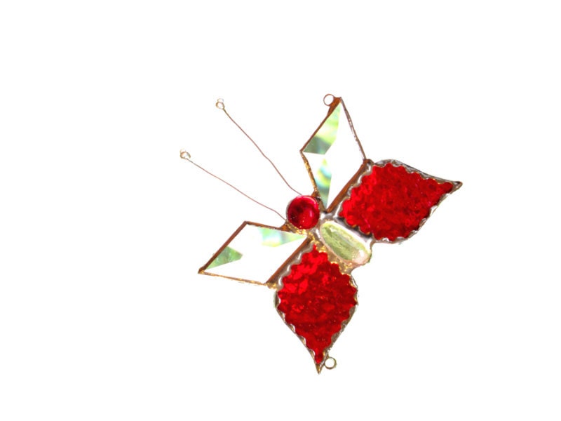 Stained Glass Red Sun Catcher Butterfly Handmade