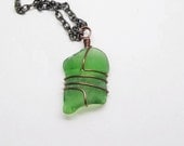 Sea Glass Necklace Green Wire Wrapped With Gunmetal Chain Handmade