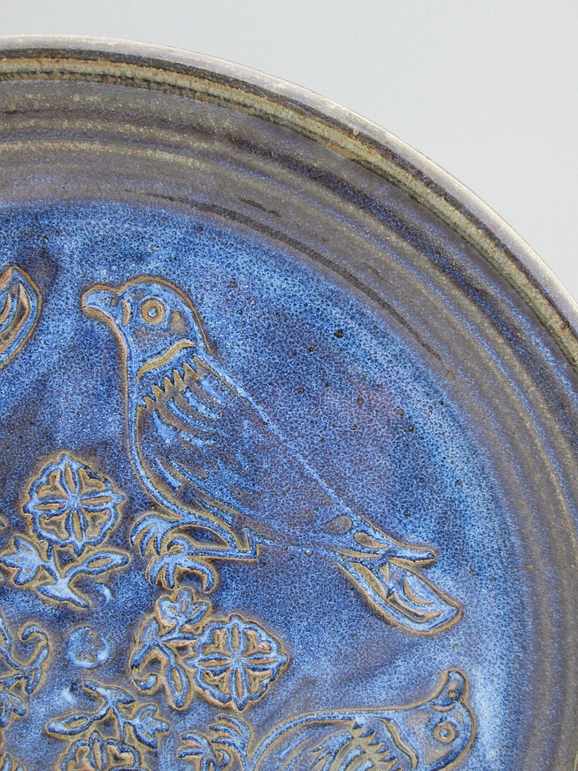 Blue Stoneware Platter with Bird Imprint