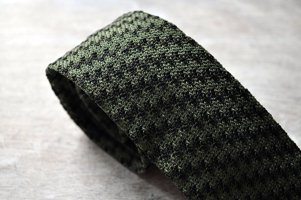Green and black square end knit tie