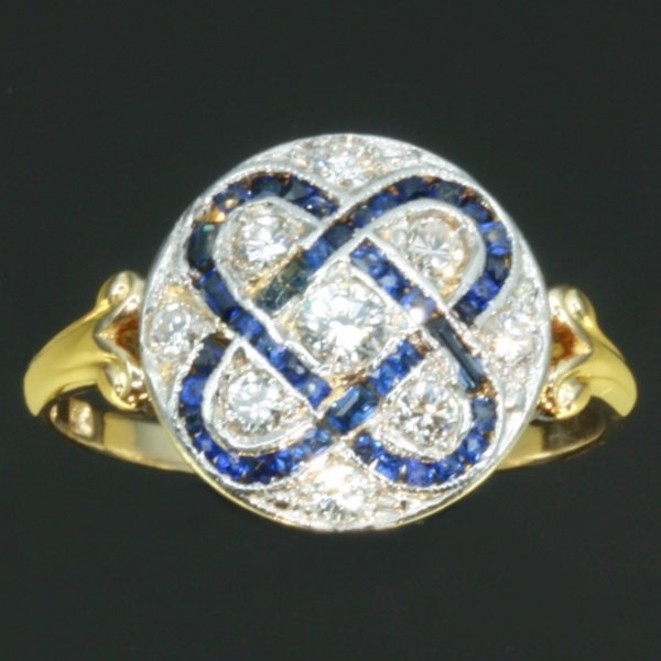 Art Deco Ring, blue sapphire diamond 18k yellow gold, 1920s jewelry