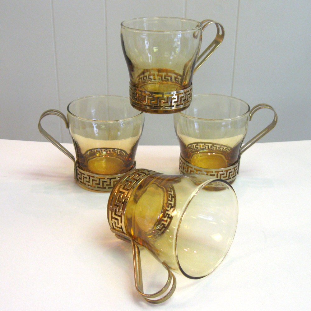 Vintage Amber Glasses with Brass Greek Key Handles - Set of 4 - 1960s - retro drinkware - barware - punch set - metal handles