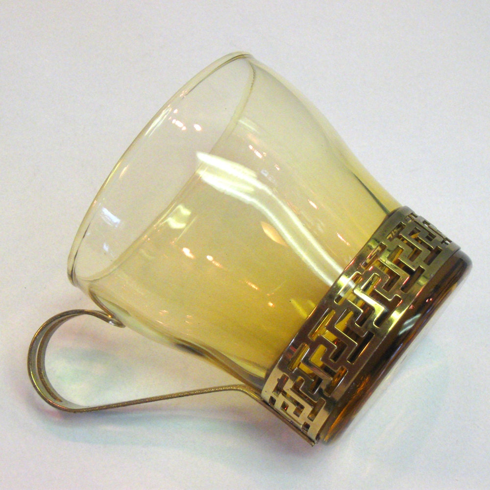 Vintage Amber Glasses with Brass Greek Key Handles - Set of 4 - 1960s - retro drinkware - barware - punch set - metal handles