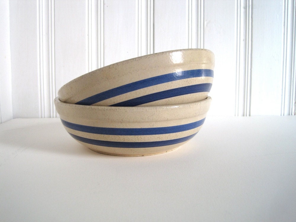 Vintage Yellow Ware Blue Band Bowls Roseville Cereal by WaveSong