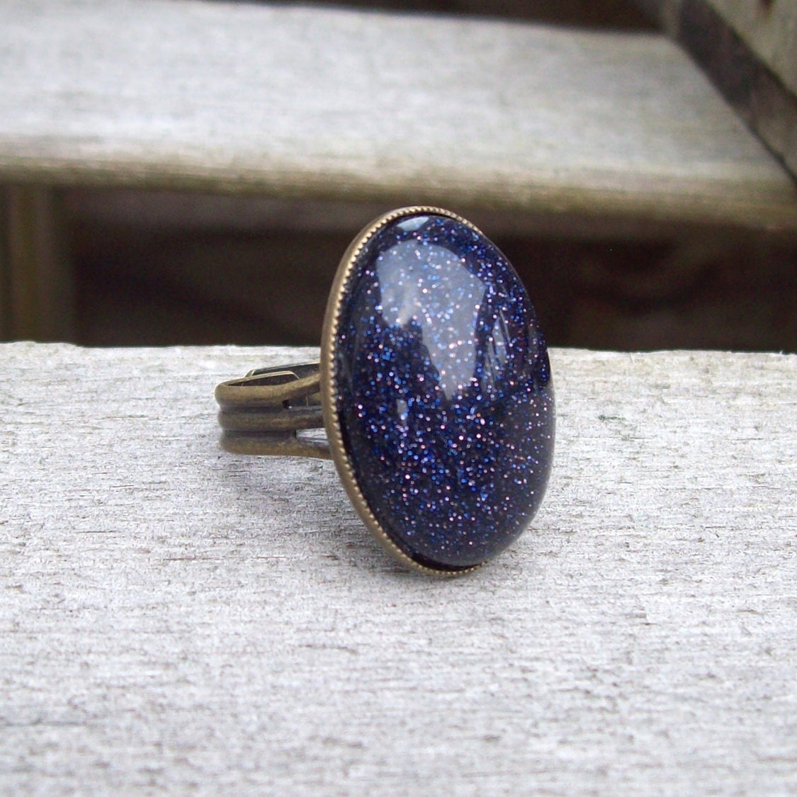 Night Sky - Blue Goldstone Adjustable Ring - Goth - Boho - Gypsy