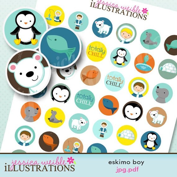 Eskimo Boy Theme Printable 1 inch Circle Collage Sheet, 1-inch Bottle Cap Circles, Digital File Il_570xn
