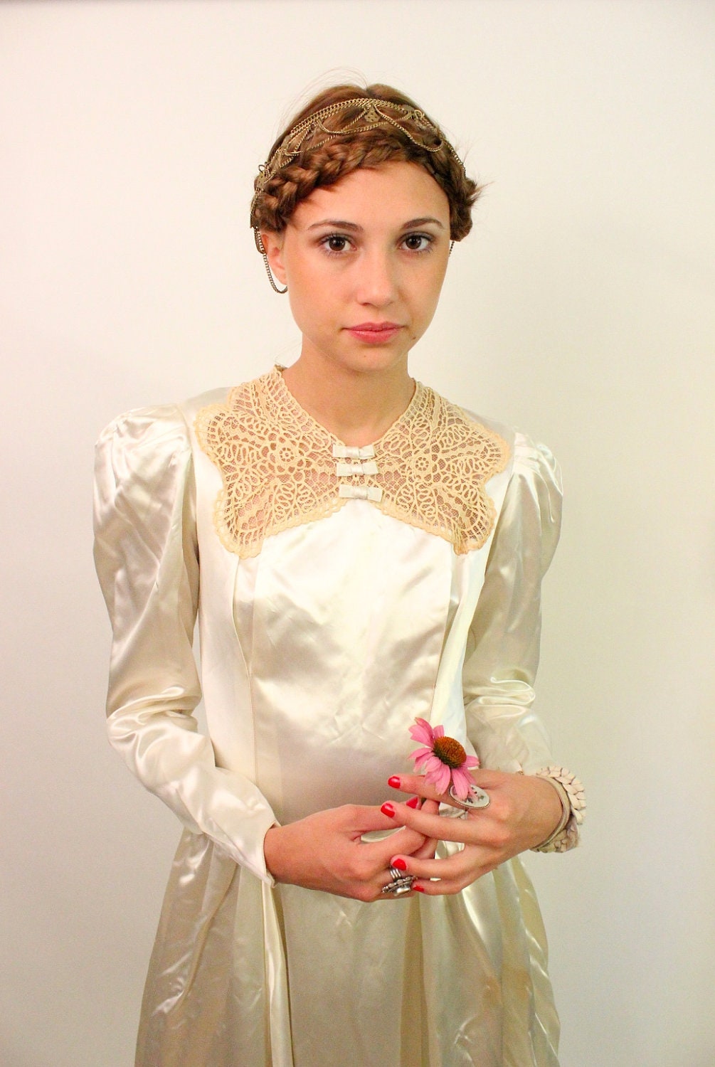 COSETTE 1930s Satin and Lace Bow Detail Edwardian Wedding Dress