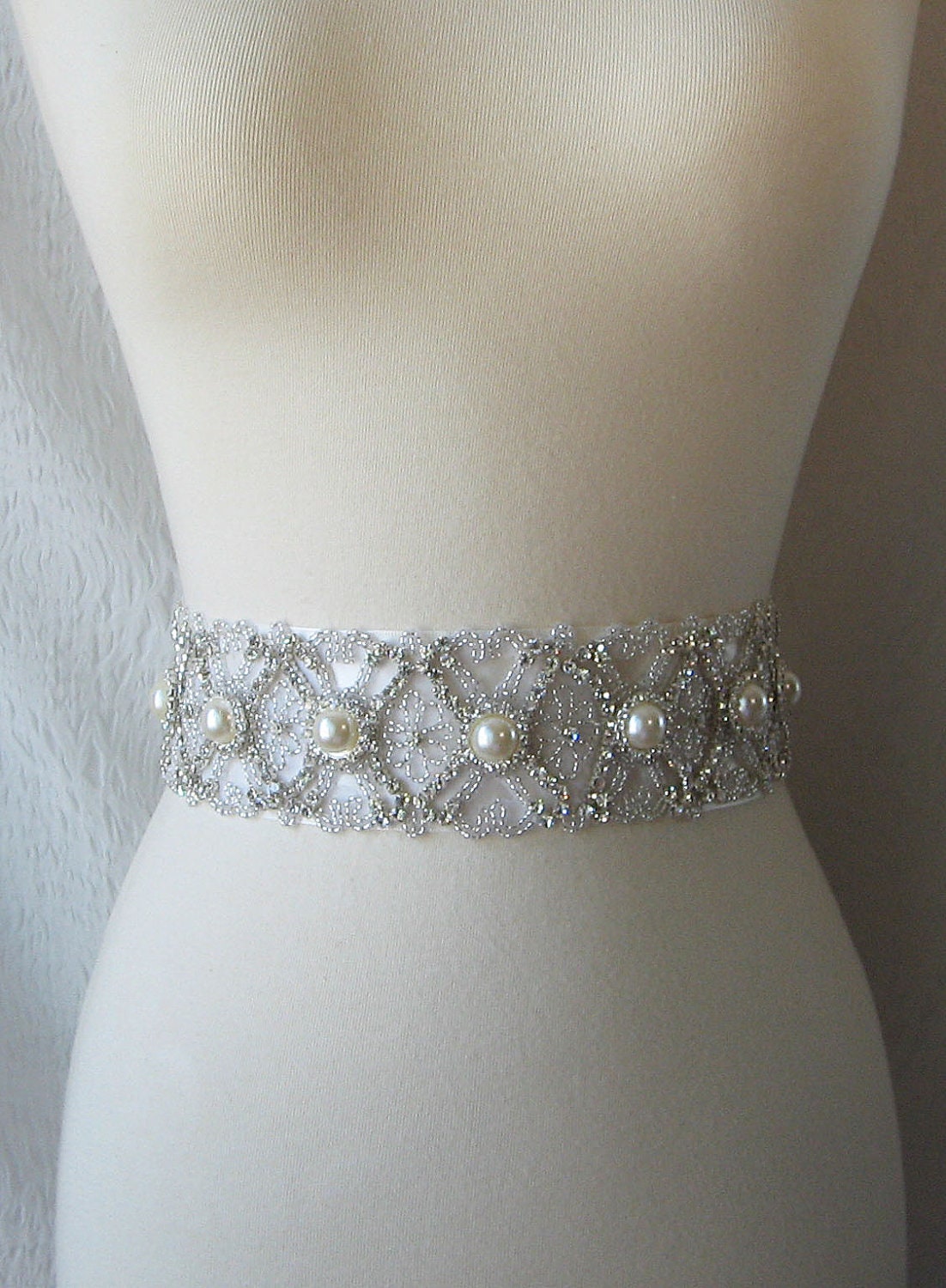 Pearl and Rhinestone Bridal Sash, Wedding Belt, Ivory Crystal Bridal Sash - DIANA
