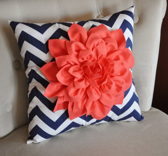 Wall Flower -Coral Dahlia on Navy and White Chevron 12 x12" Canvas Wall Art- 3D Felt Flower