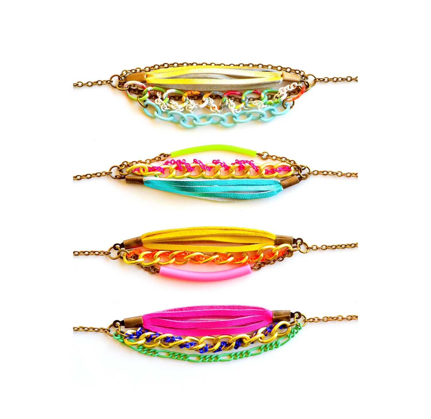 Neon Friendship Bracelet Hot Pink Leather Fringe and Chain