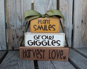 Primitive Autumn Fall Grow GIGGLES Plant SMILES Harvest LOVE Wood block set  fall autumn pumpkin home seasonal decor personalized gift