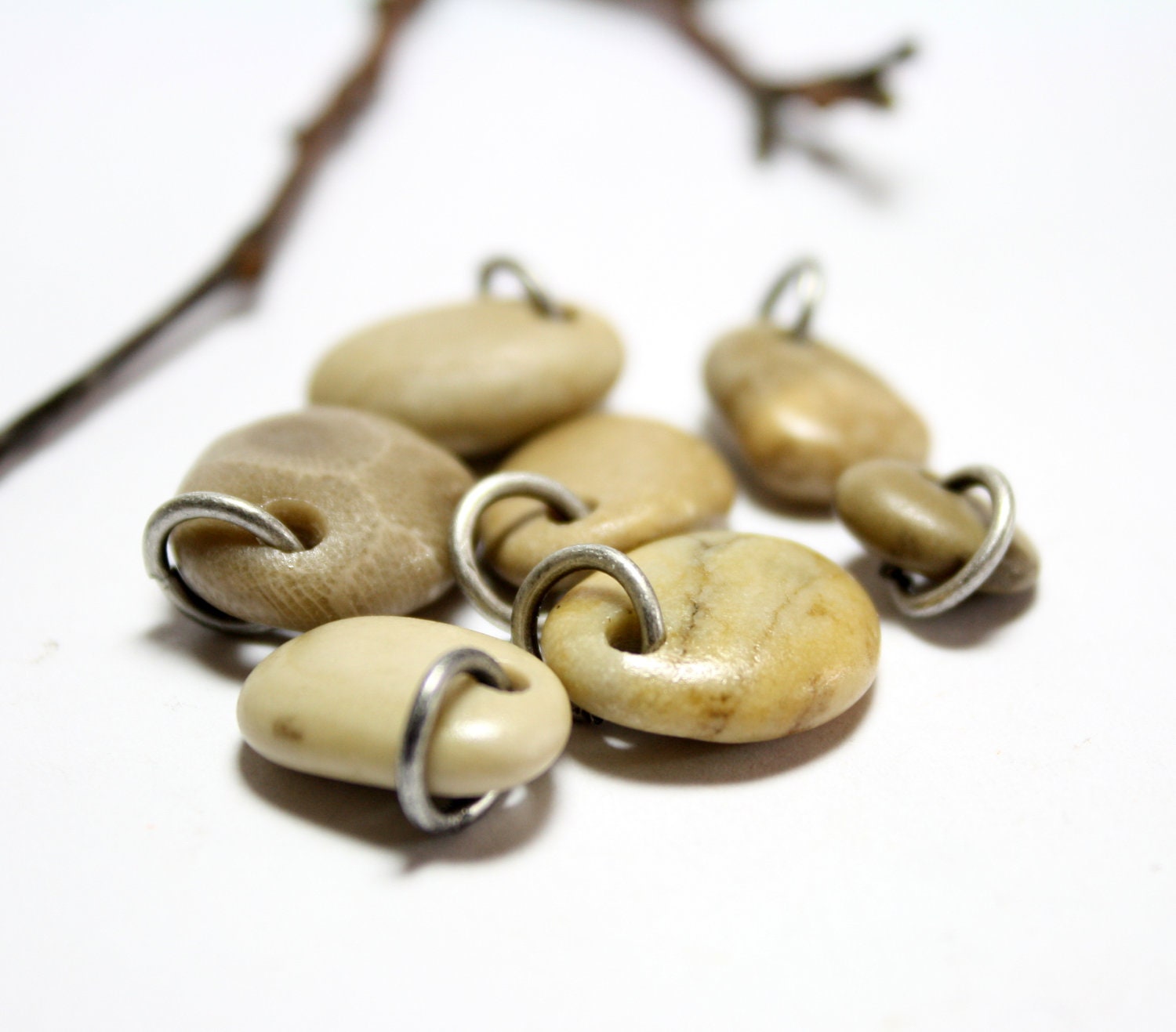Natural Stone Beads for Making Jewelry- Drilled White Creamy Pebbles with Open Jump Ring Supplies by Allybeans