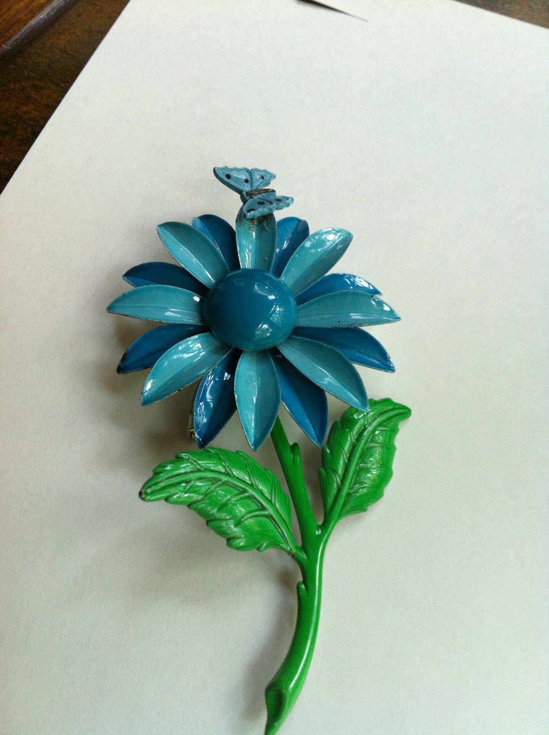 Enameled Vintage Floral Gorgeous Brooch Sky Blue and Bright Green with Butterfly attached