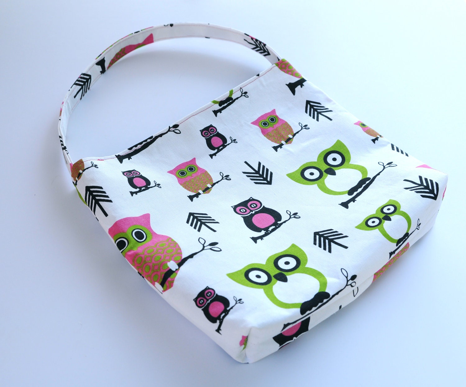 Owl Shoulder Slouch Bag - Medium Sized with Bright Hot Pink Green and Black Owls