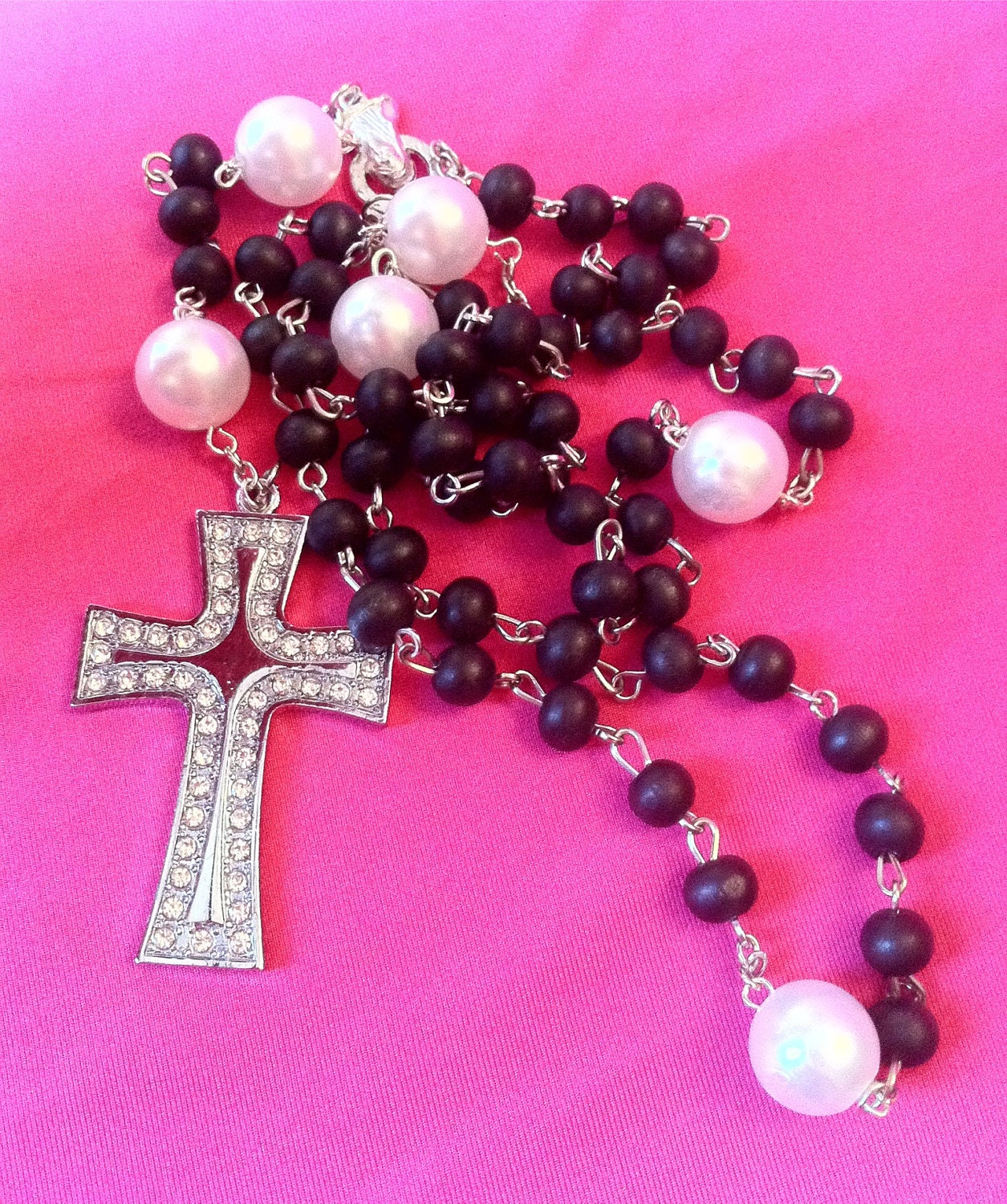 Black Wooden and Shiny White Pearl Rhinestone Pagan Cross Rosary