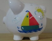 Personalized Large Piggy Bank Sailboat-Newborns , Girls , Baby Shower Gift Centerpiece