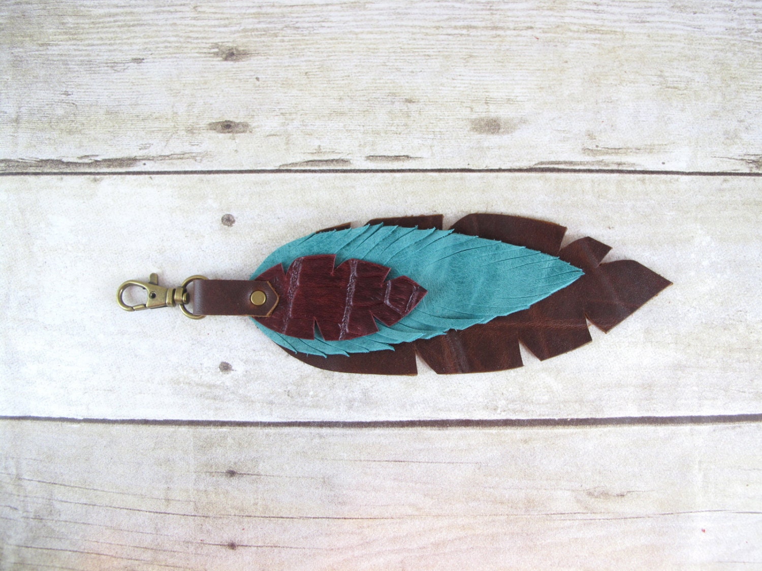 Leather Feather Bag Charm or Key Fob Brown, Teal,  Burgundy