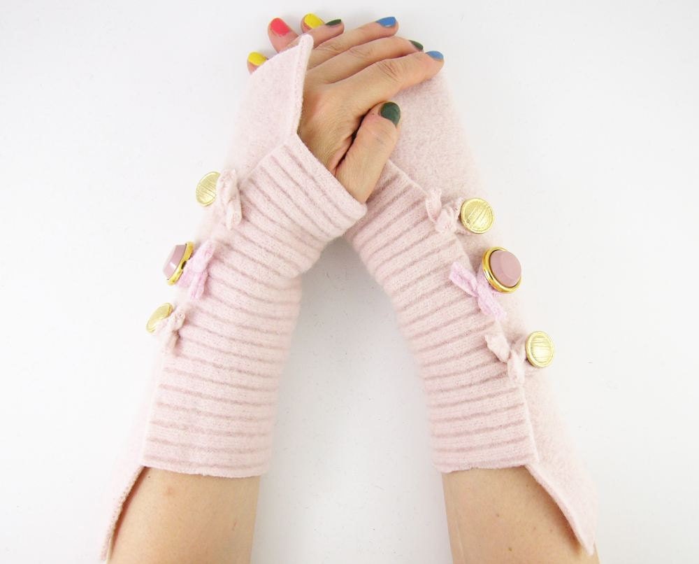 fingerless gloves arm warmers fingerless mittens arm cuffs pale pastel pink recycled wool eco friendly fall autumn tagt curationnation