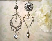 Petrichor Asymmetric Mismatch Tribal Earrings, Leaf Leaves, Bronze Filigree, Tibetan Agate, Pyrite, Silver Gray Grey Beige Greige