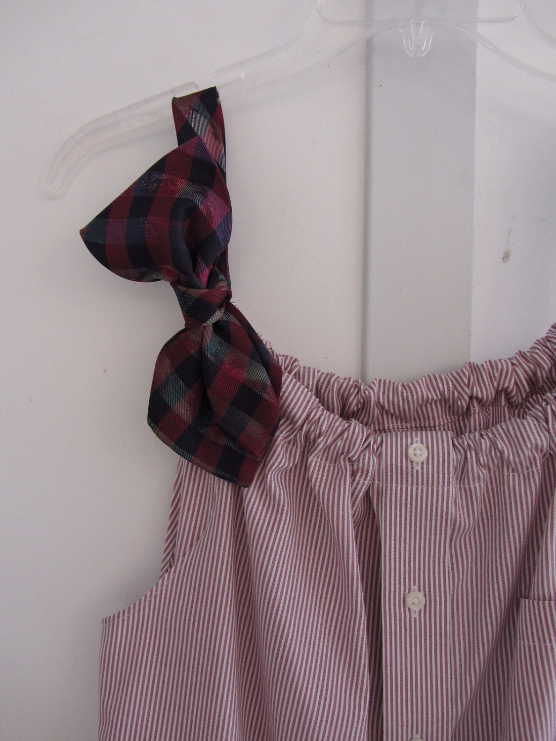 Repurposed Boyfriend Tank Top Blouse in Red and White Pinstripes with Adjustable Necktie Shoulder Strap - Womens Upcycled Clothing