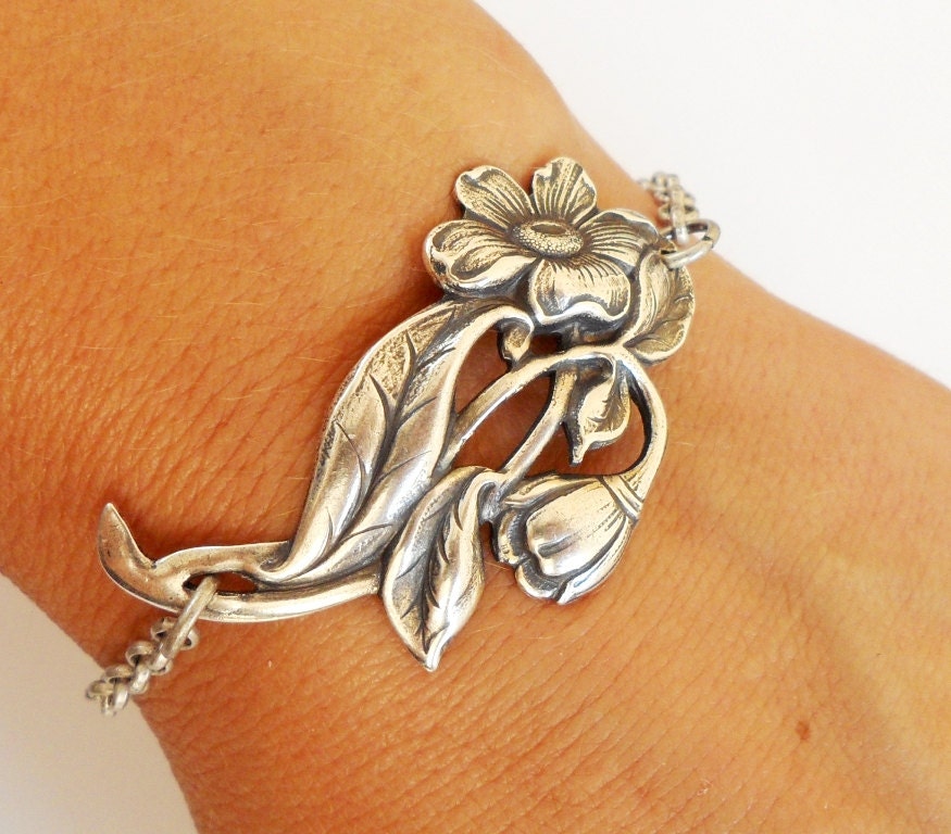 Steampunk Flower Bracelet- Sterling Silver Ox