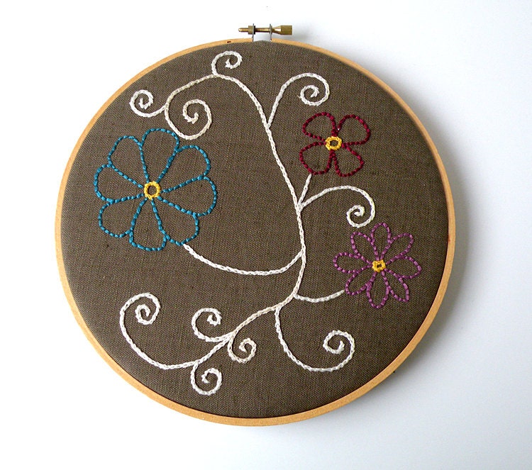 Flowers on olive linen - embroidered wall art 8" hoop