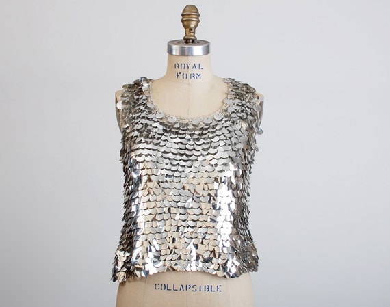 Vintage MOD 60s Silver & Gray Knit Sequin Blouse