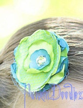 Lime Green and Blue Bird Blue Satin Singed Flower with Netting and Rhinestone Accent Hair Clip