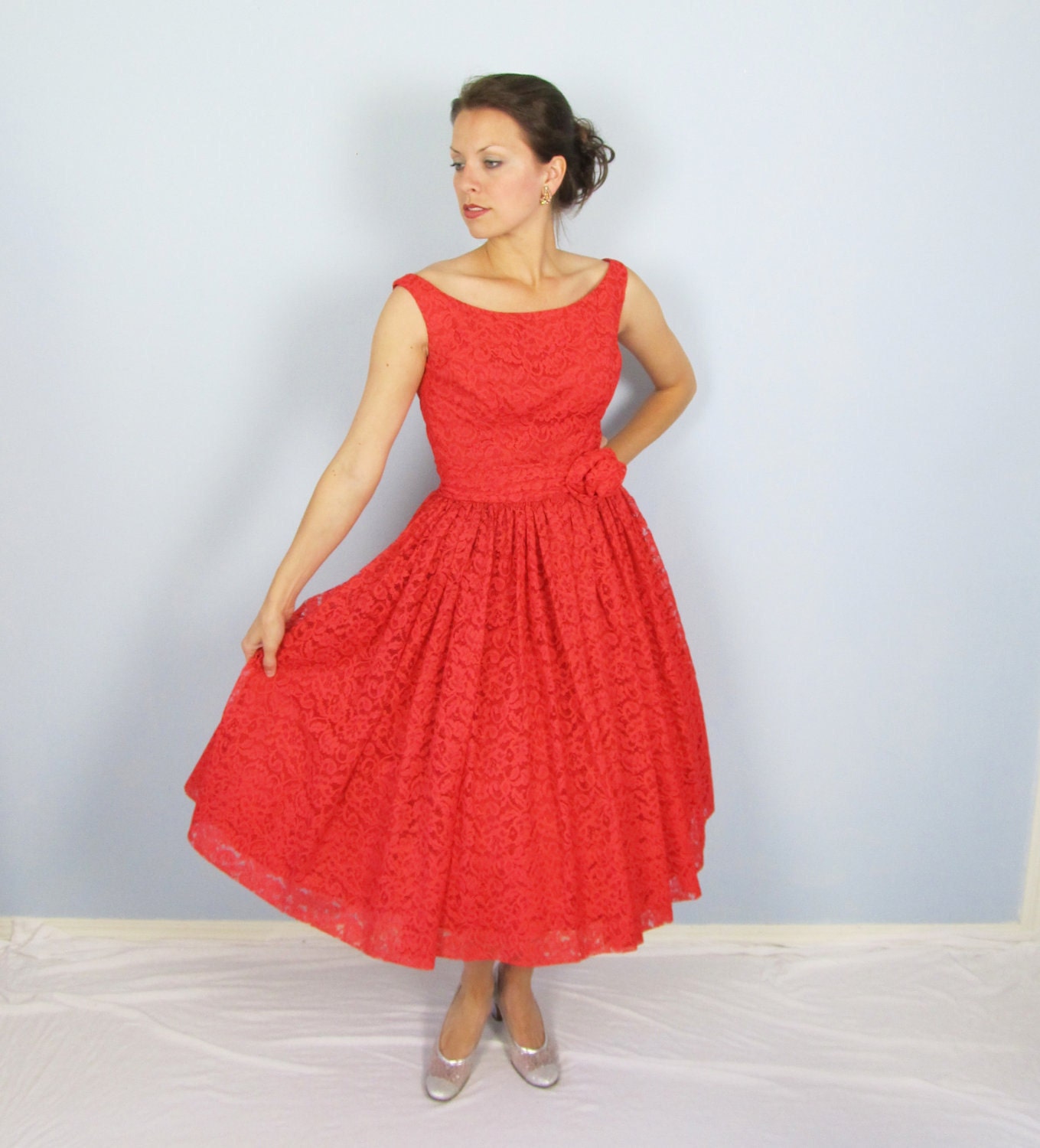 Vintage 1950's Red Chantilly Lace Cocktail Party Dress XS