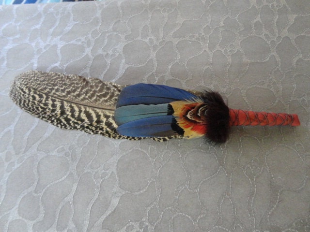 Feather Fan - Native Indian Style Smudging Fan - Peacock Stripes in Brown / Cream, Blue n Red Parrot w Brown Pheasant, Mink Fur and Leather