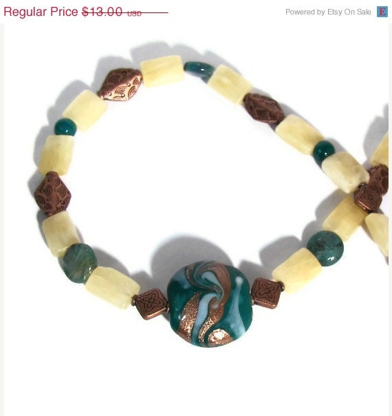 25% Off SALE Art Glass Copper Aqua Swirl Necklace Magnetic Clasp