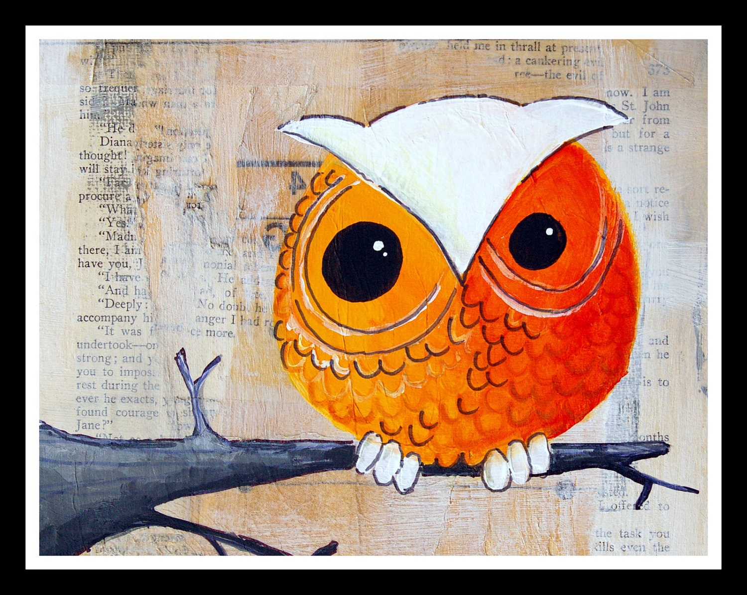 Owl custom drawing on old book page- own your own one of a kind owl on paper - eco / green / recycled / fantastic
