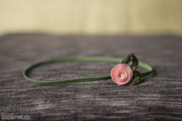Baby Headband, Pink and Green  Rose Newborn Headband, Great for Photo Prop