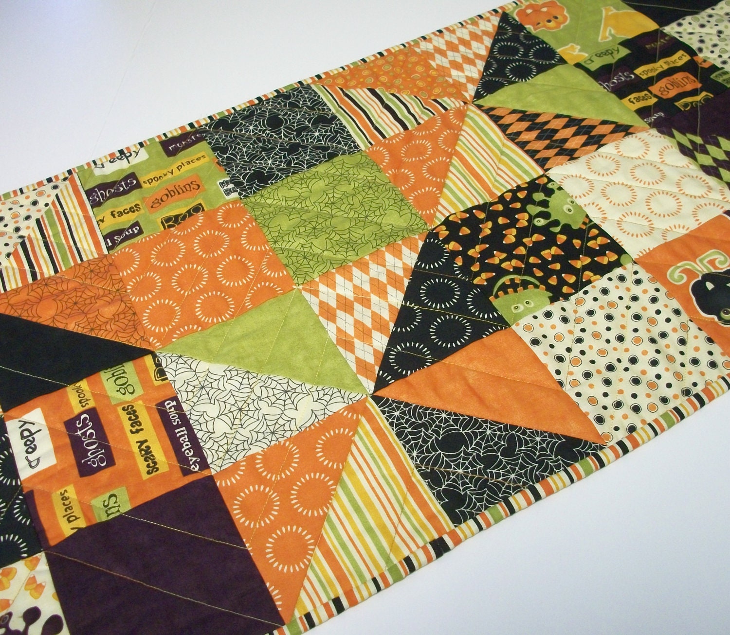 Halloween Table Runner Monster Bash Pinwheels Handmade Quilted Ready to Ship One of a Kind