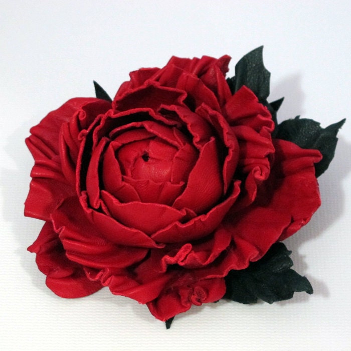 Leather Flower Brooch Red Rose Scarf Pin Corsage Bloom