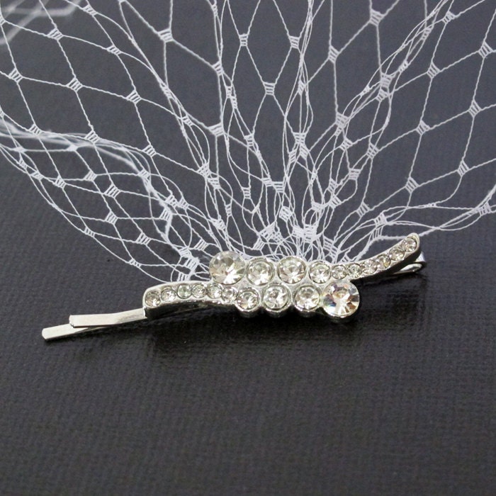 Bandeau Birdcage Veil Wedding Blusher White or Ivory French Netting Veil ends with two silver toned rhinestone bobby pins