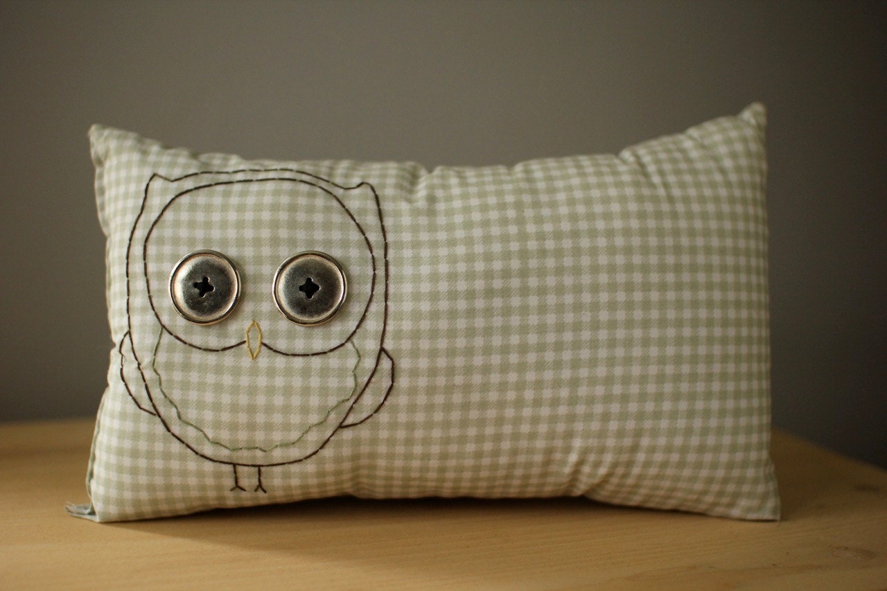 Owl accent pillow in green gingham