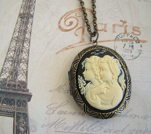 Cameo Locket Necklace, Black and Cream, Two Girls, Antiqued Brass, Long Chain - Daughters