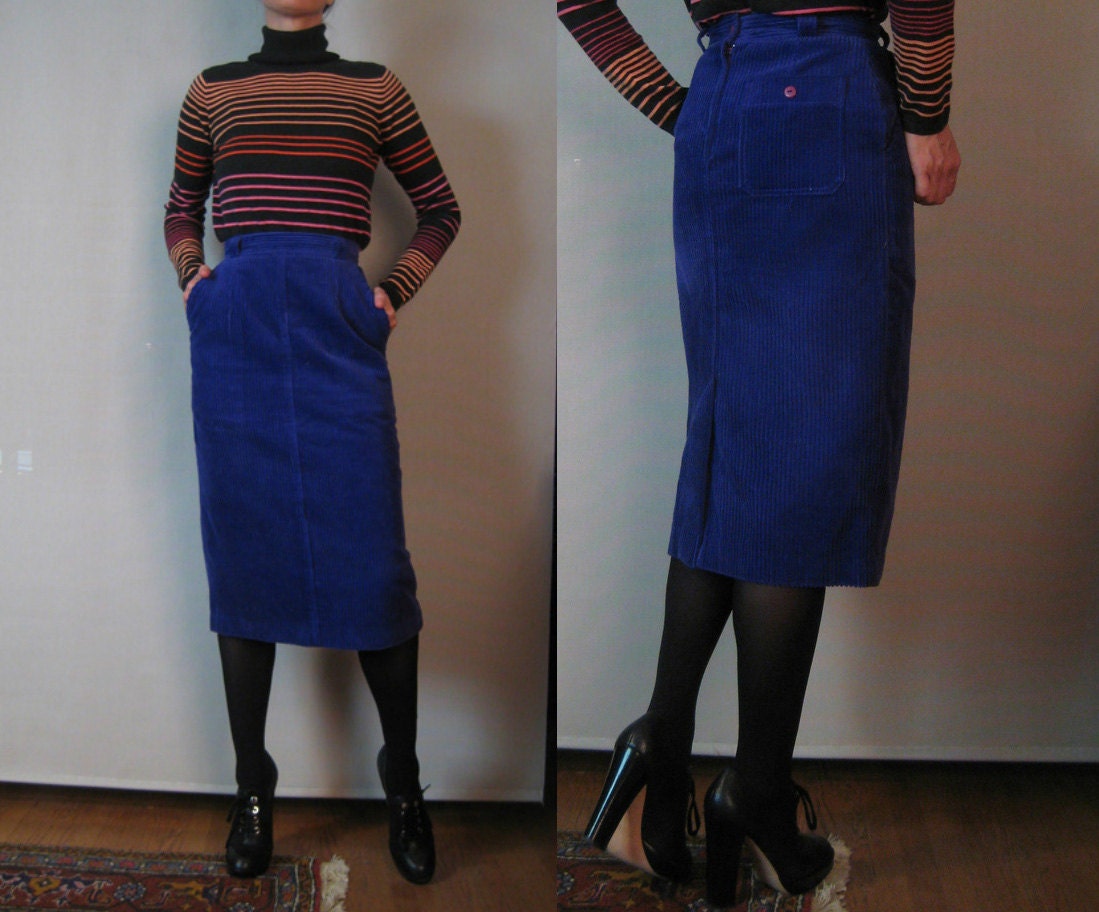 Vintage 80s 1980s ROYAL PURPLE Corduroy PENCIL Wiggle Body Con Skirt w/ Pockets xs Small