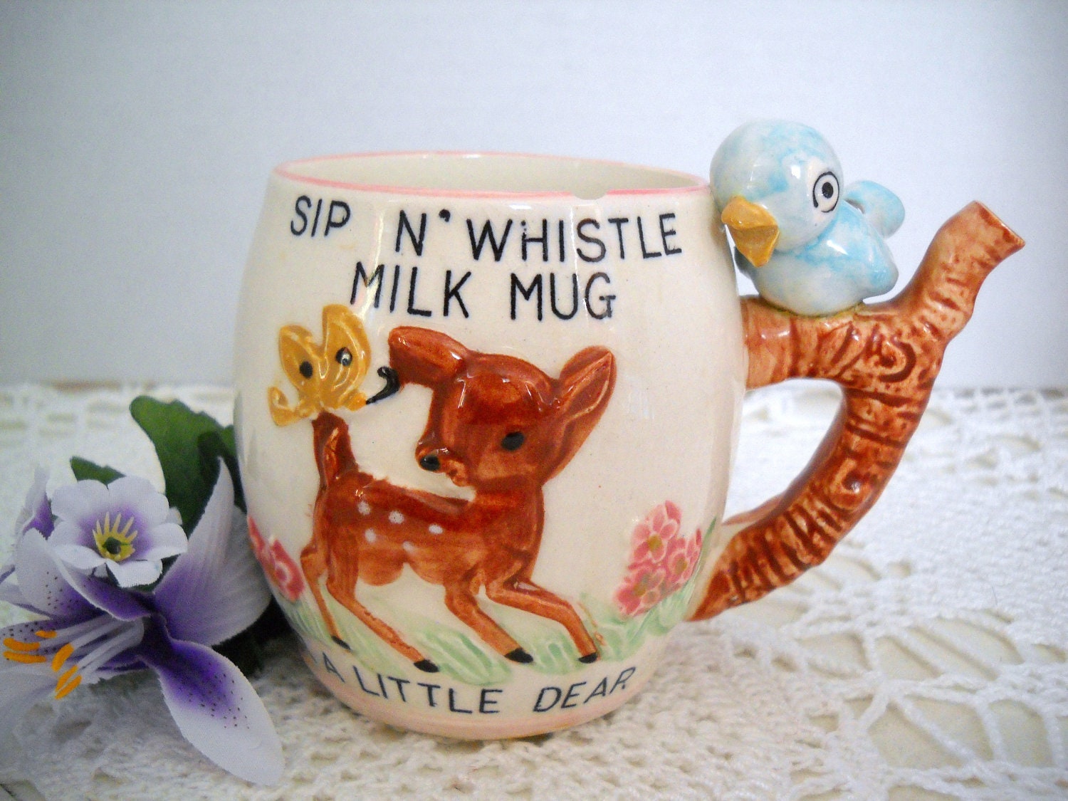 Vintage Sip N Whistle Milk Mug Cup Dear Blue Bird Sippy Handle Ceramic
