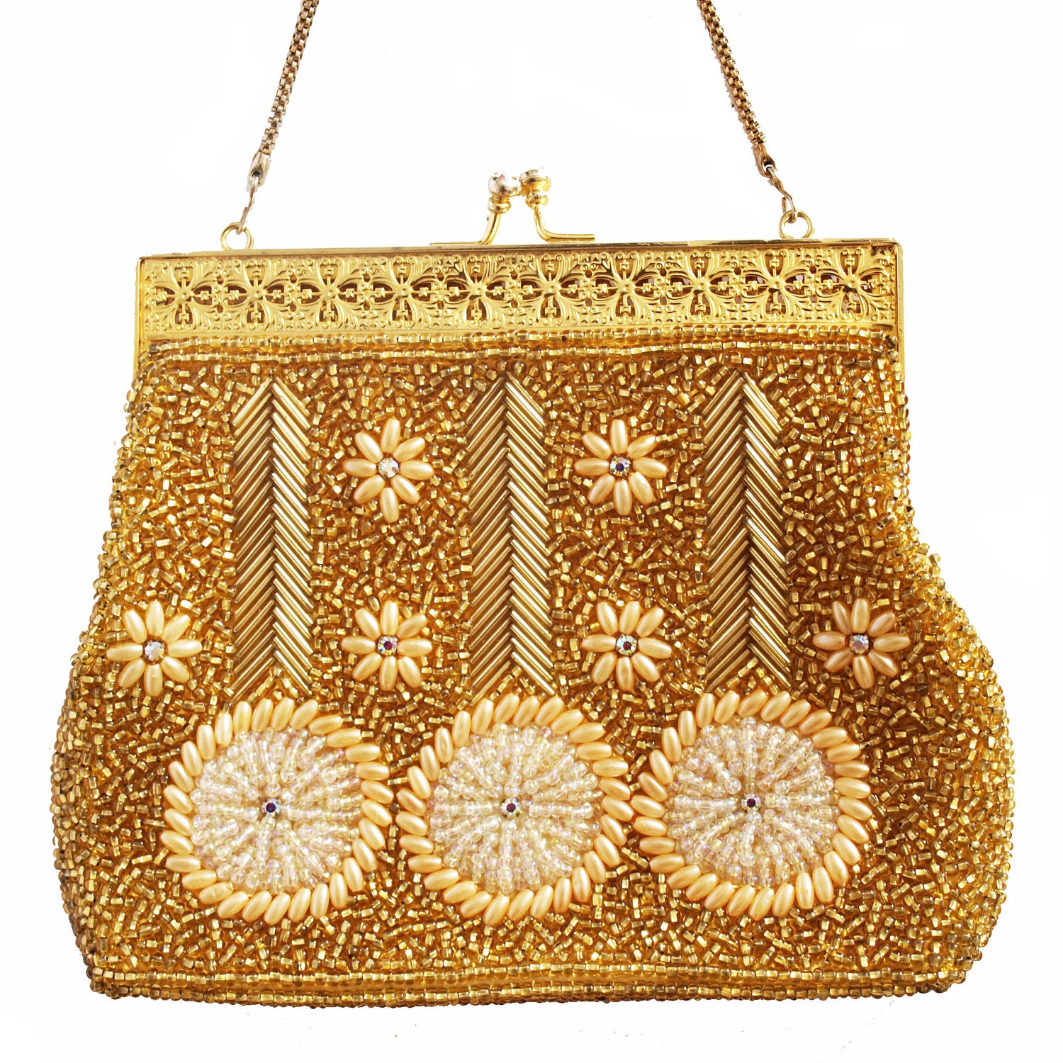 Vintage 50s heavily beaded gold evening purse with pearls and bugle beads