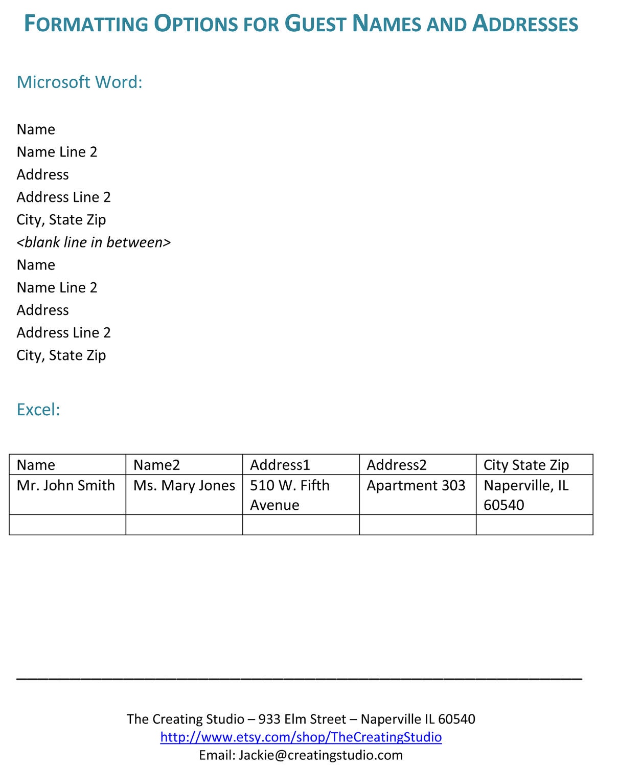 REFERENCE: Formatting options for Guest Names & Addresses