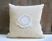 Professionally Made Burlap Pillow Cover with Vintage Doilies - Zipper Closure - Country Cottage Chic Home Decor