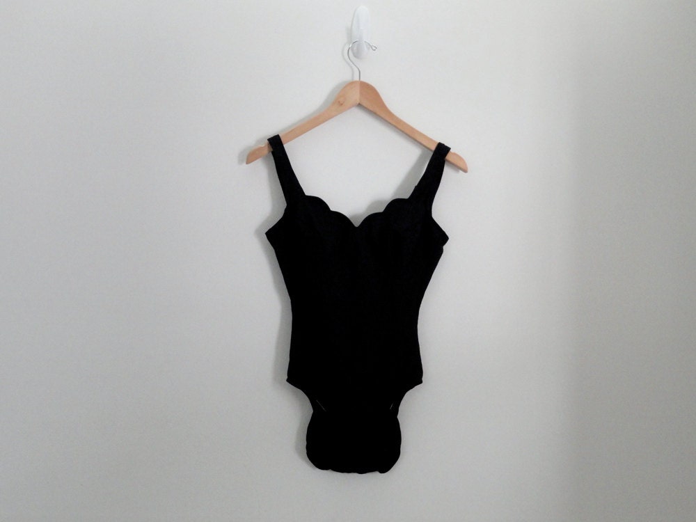 90s Black Scallop One Piece Swimsuit