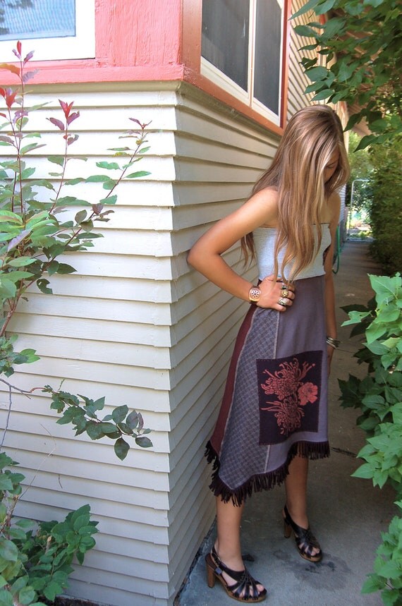 Eco tube dress or skirt,upcycled, clothing, faded black jersey, flower and bird applique, fringe, boho dress, Size S/M, by Za