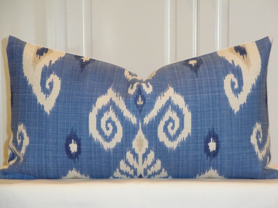 Decorative Pillow Cover - 12 x 22 - IKAT- Blue - Light Tan - Sofa Pillow - Custom Pillow Case