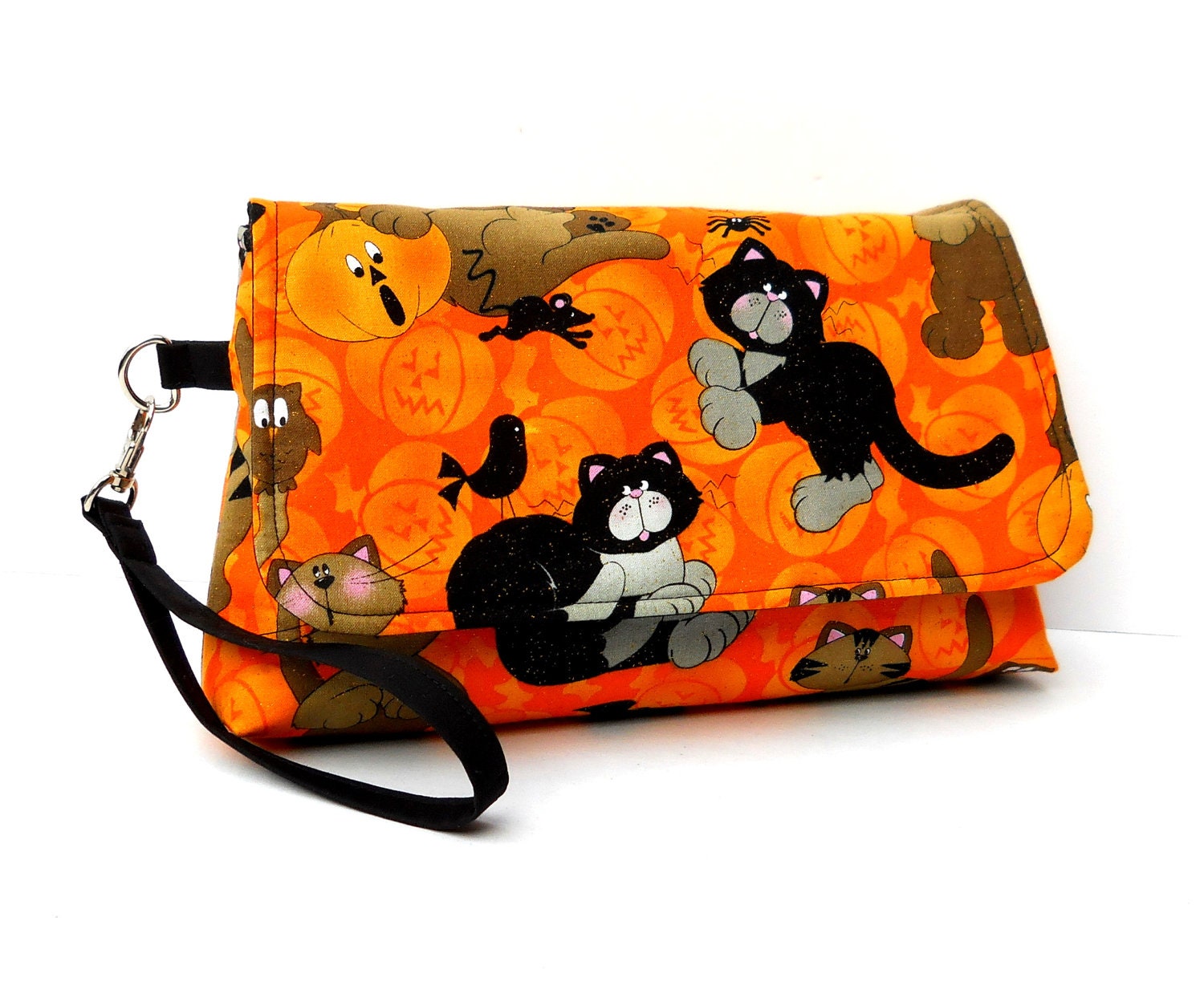 Halloween Wristlet with Flap, Autumn Clutch - Cats and Spiders on Orange Pumpkins