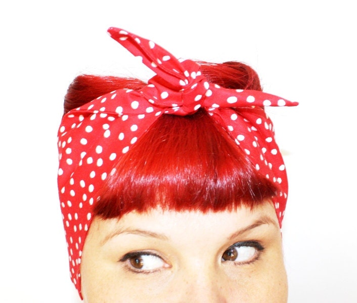 Vintage Inspired Head Scarf, Bandana Style, Red with Dots, Rockabilly, Retro